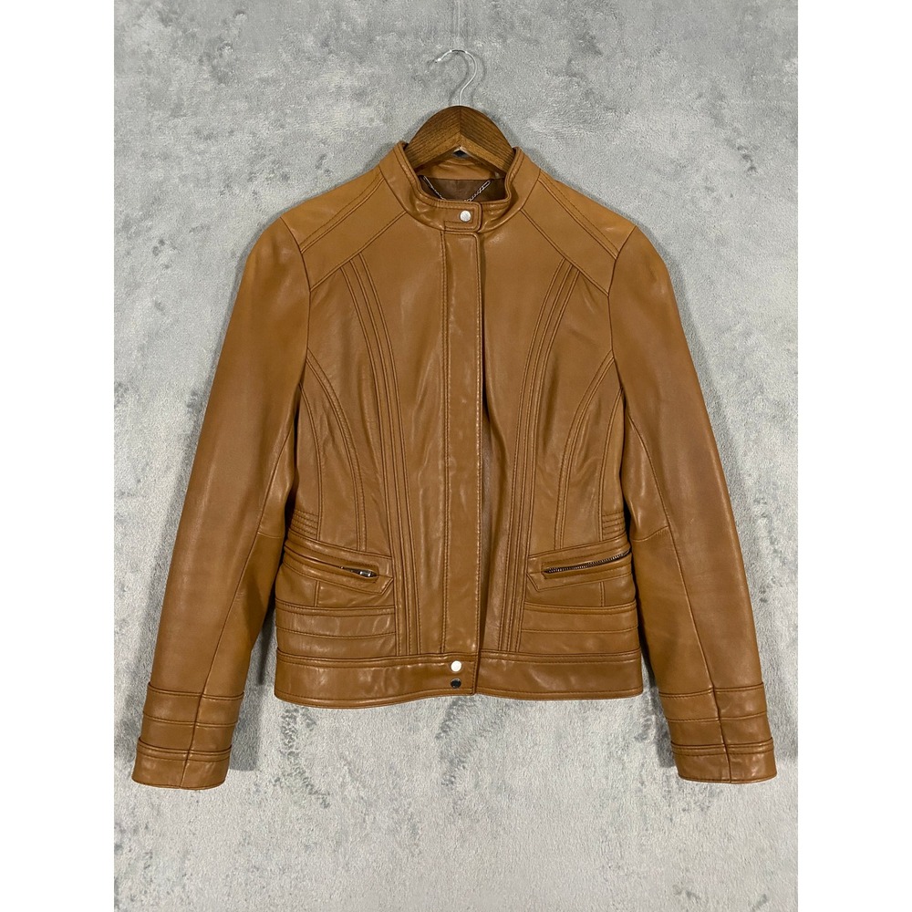 Black Rivet Leather Jacket Sz S Cognac Moto Biker Stand Collar Streetwear *READ*